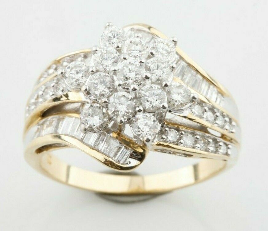 14k Yellow and White Gold Diamond Cluster Ring Appx 2 Cts Size 10