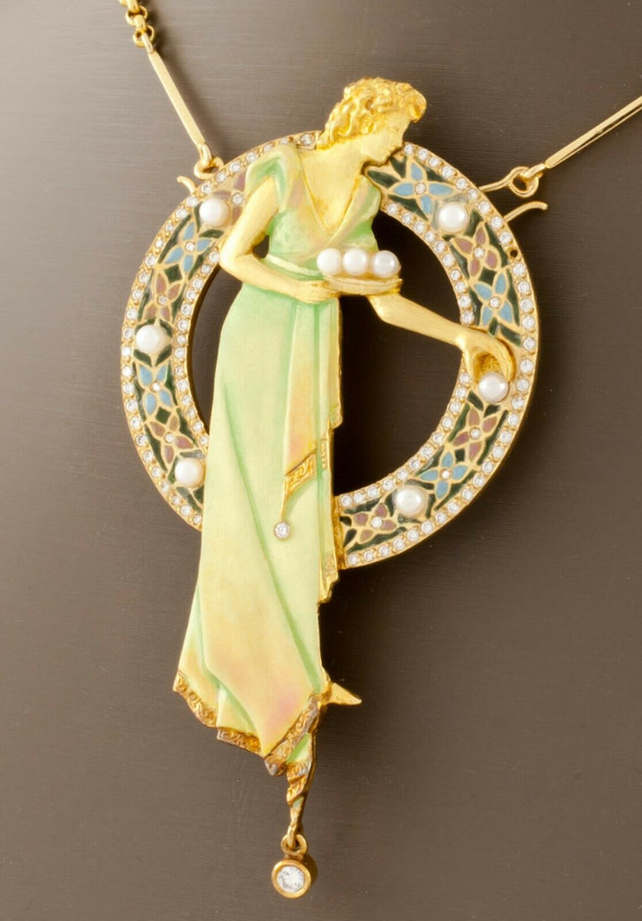 Art Nouveau 18k Gold Plique-a-Jour Enamel, Pearl, and Diamond Brooch Pendant