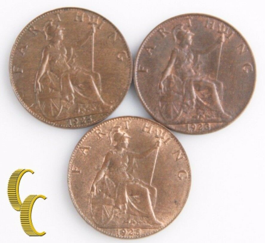 1923-1925 Great Britain Farthing Lot (AU-BU, 3 coins) George V England KM-808.2