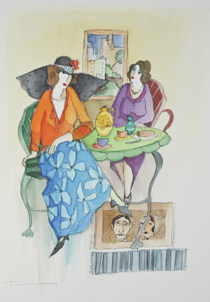 "Two at Tea in Tel Aviv" By Itzchak Tarkay Signed Original Watercolor & Pencil