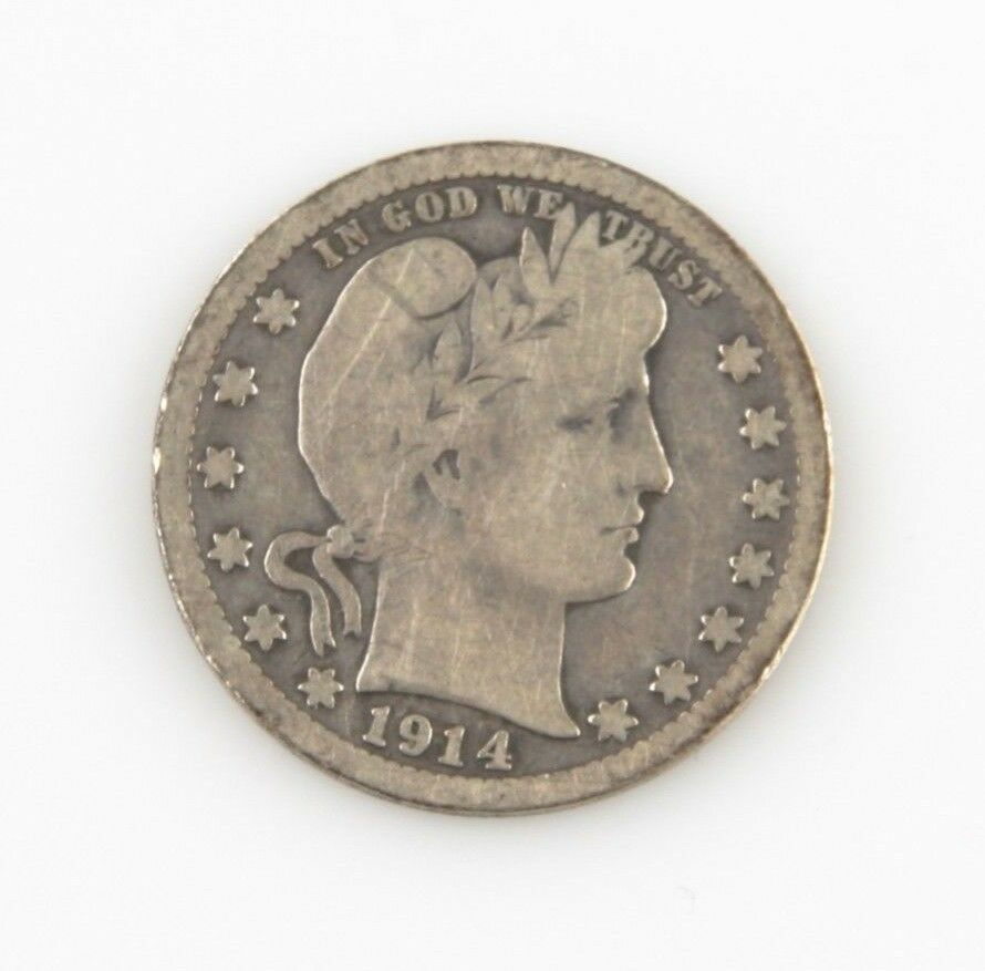1914-S 25¢ Barber Quarter G+ Condition, Natural Color, Full Complete Rims VG Obv