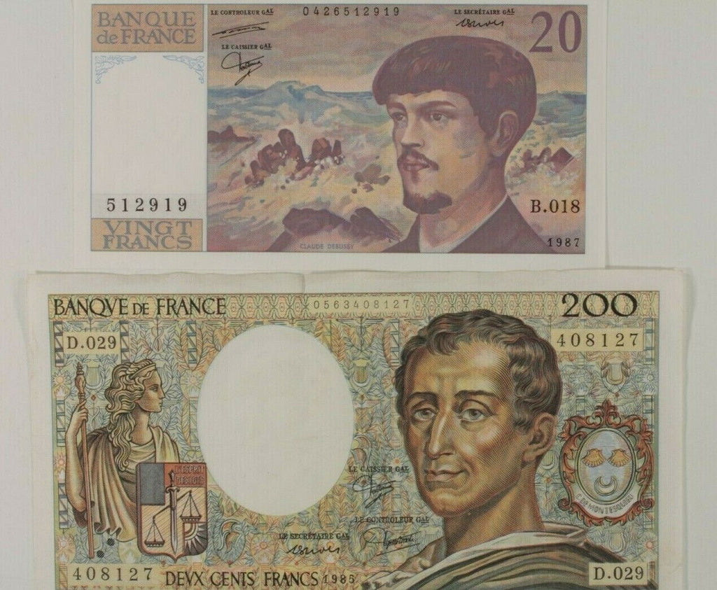French 2-Notes Set // 1985 200 Francs & 1987 20 Francs // Banque de France