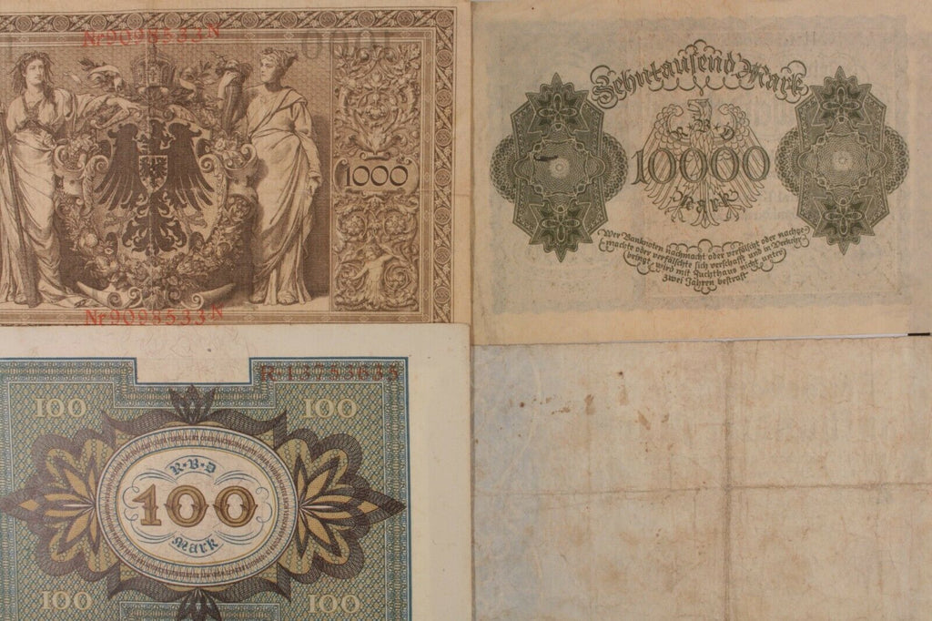 1910-1922 Germany 4-Notes Currency Set // 100 500 1000 10,000 Mark Bills