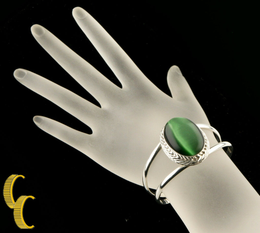 Ladie's Sterling Silver .925 Mexico Cat's Eye Cuff Bracelet Beautiful Gift!