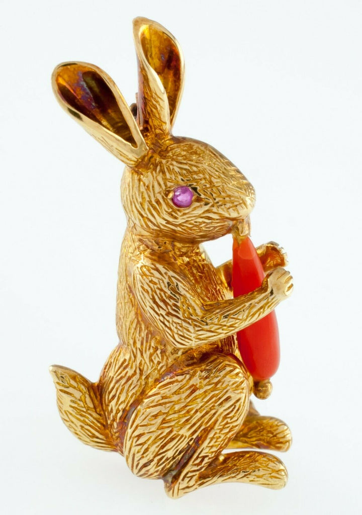 Tiffany & Co. Vintage 18k Yellow Gold Figural Rabbit Brooch w/ Coral Carrot