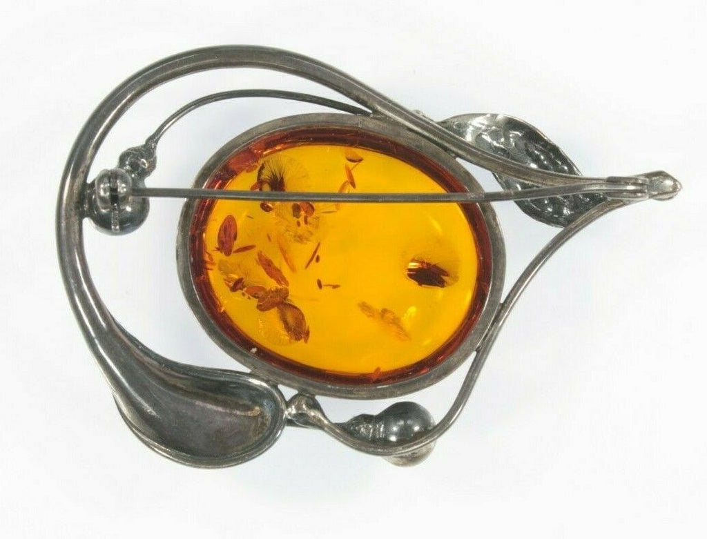 Vintage Sterling Silver Amber and Flower Brooch Pin 24.1g
