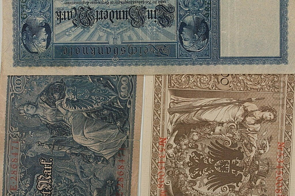 1910 German Empire 3-Note Currency Set // Germany 100 & 1000 Mark Reichsbanknote