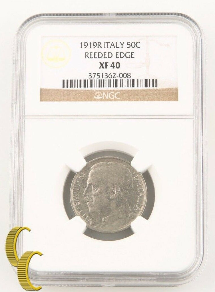 1919-R Italy 50 Centesimi Reeded Edge (NGC XF40) Italian 50c Cent KM#61.2 Rare!