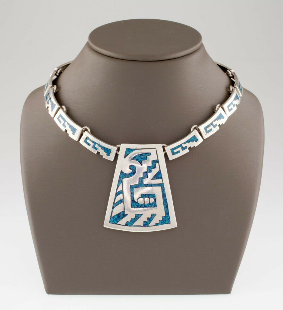 Sterling Silver Mexico Turquoise Chip Inlay Chain Necklace Gorgeous!