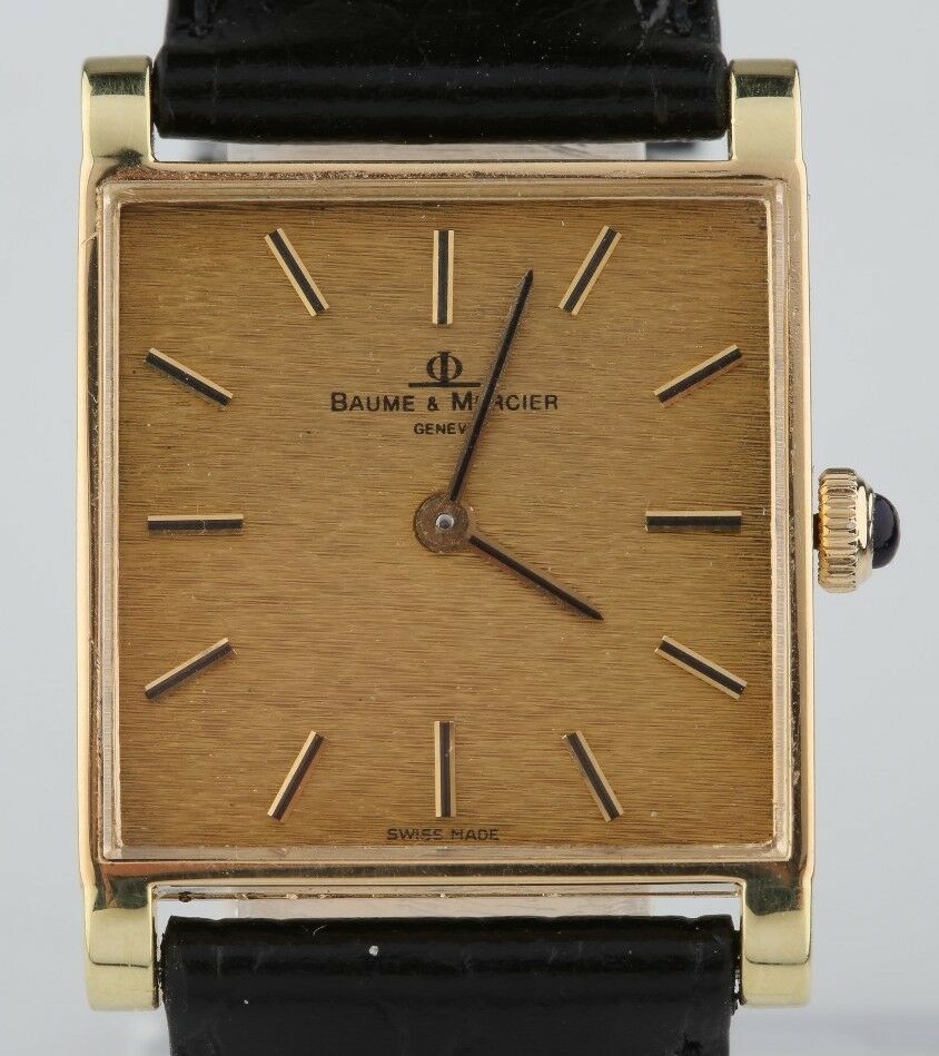 Vintage 18k Yellow Gold Baume & Mercier Hand-Winding Watch w/ Black Leather Band