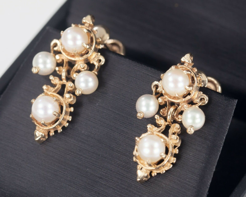 14k Yellow Gold Pearl Dangle Screw-On No Post Earrings Gorgeous!