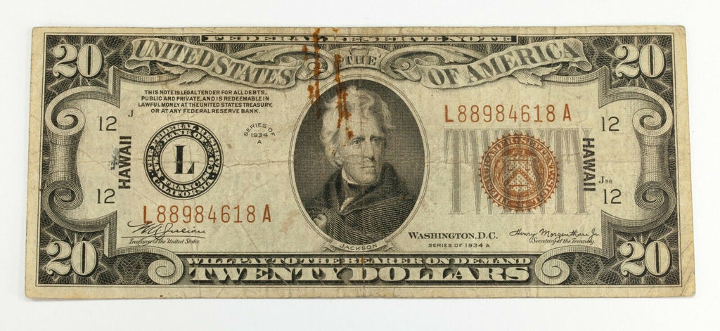 Series of 1934 $20 Hawaii Overprint Note in VG Very Good Condition Fr. 2305