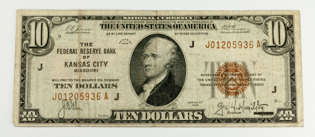 Series of 1929 $10 United States Note Kansas City Fine Condition Fr 1860-J