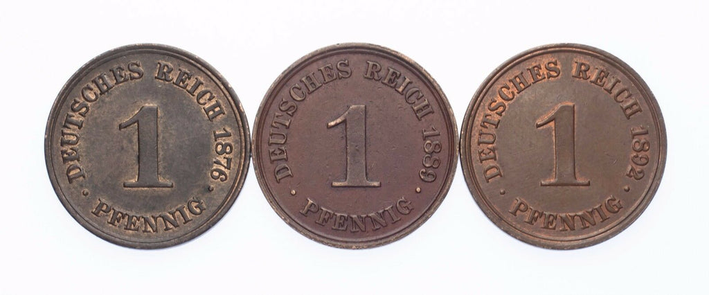 1876-A, 1889-A & 1892-A Germany 1 Pfennig Lot of 3 Coins (XF-AU Condition)