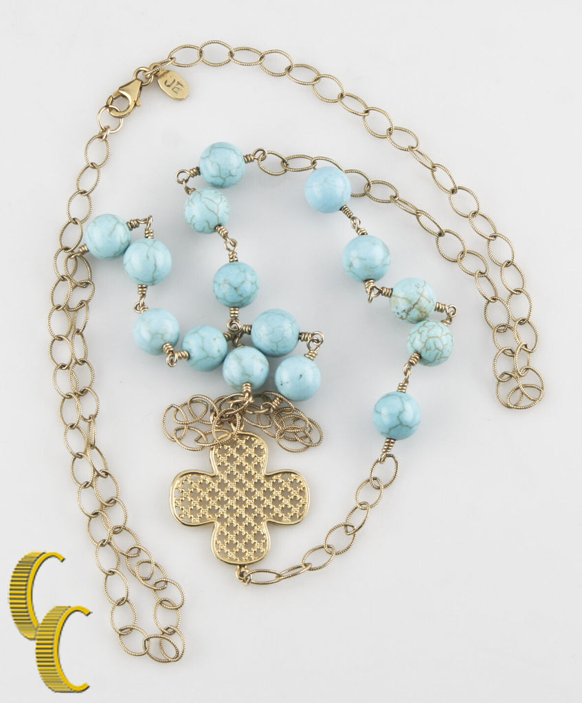 Gold Tone and Clover 9 mm Turquoise Bead Necklace by Jessica Elliot 30" Long