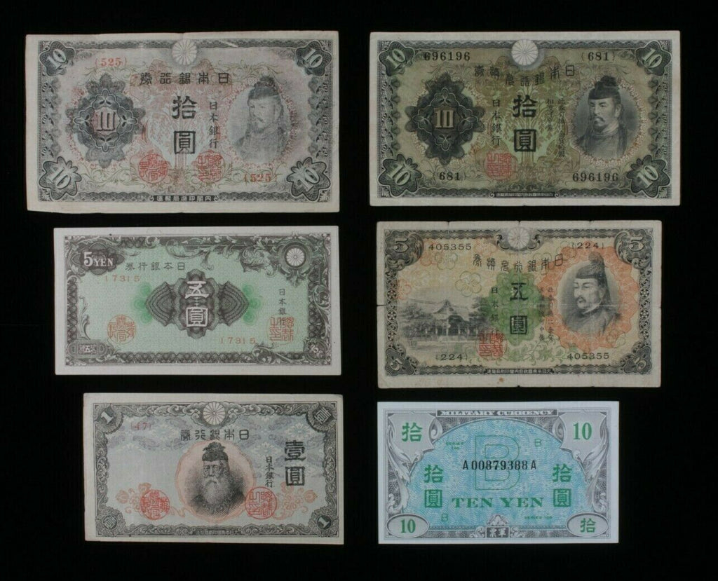 1930-1944 Japan 6-Notes Set // Imperial Japanese & Allied Military Currency