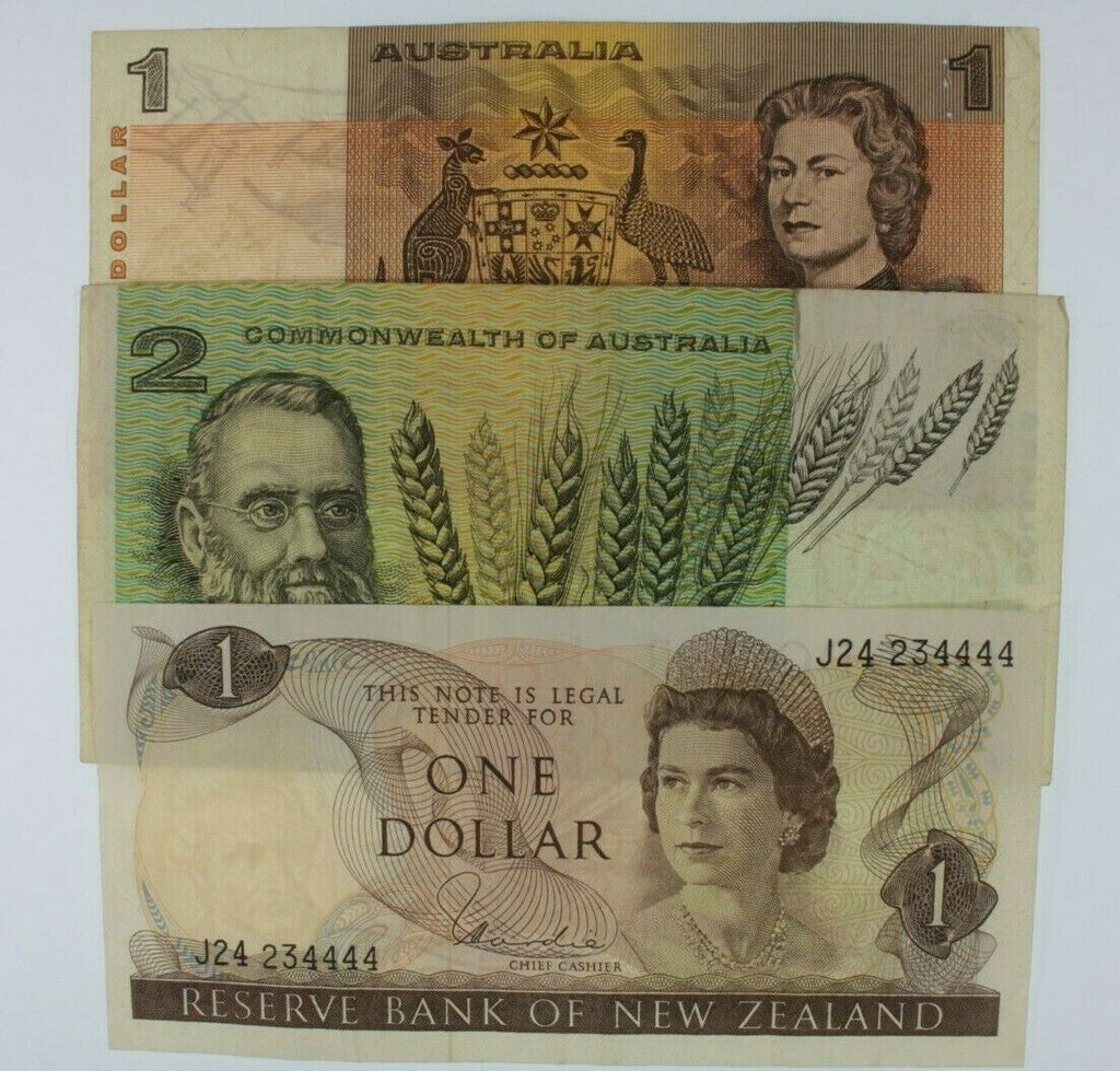 Australia & New Zealand Currency Set // Aus 1979 $1 & 1966 $2 // NZ 1977-81 $1