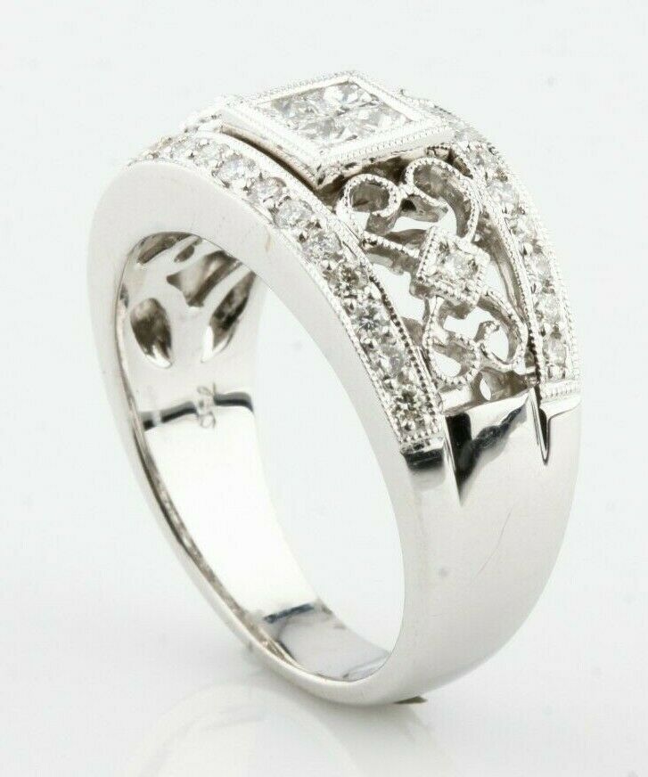 18k White Gold Ornate Diamond Band Ring w/ Filigree Detail Size 6.75 1.25 TCW