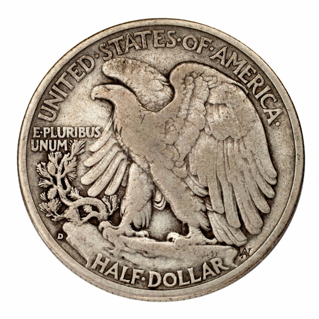 1938-D Silver Walking Liberty Half Dollar 50C (Fine, F Condition)