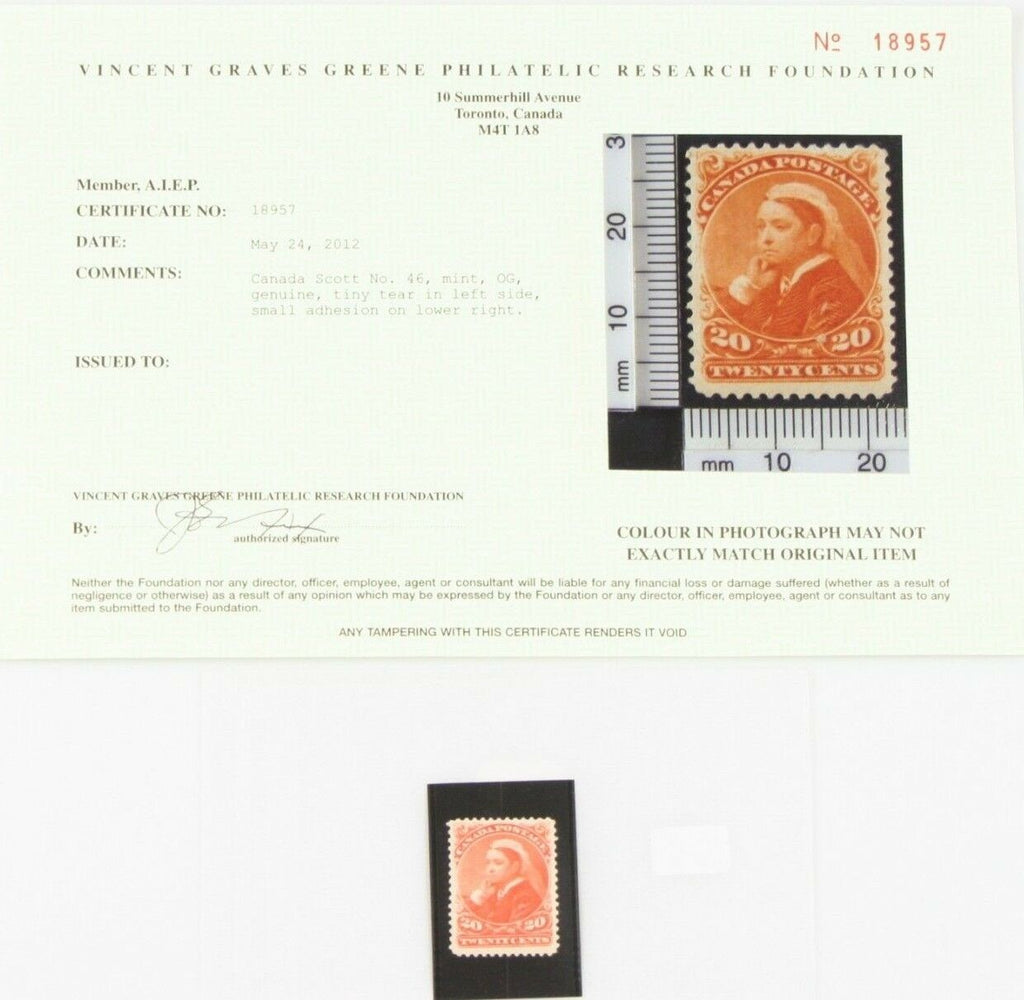 1893 Canada Twenty Cents Stamp, Queen Victoria "Widow Weed", Mint, OG, Scott #46