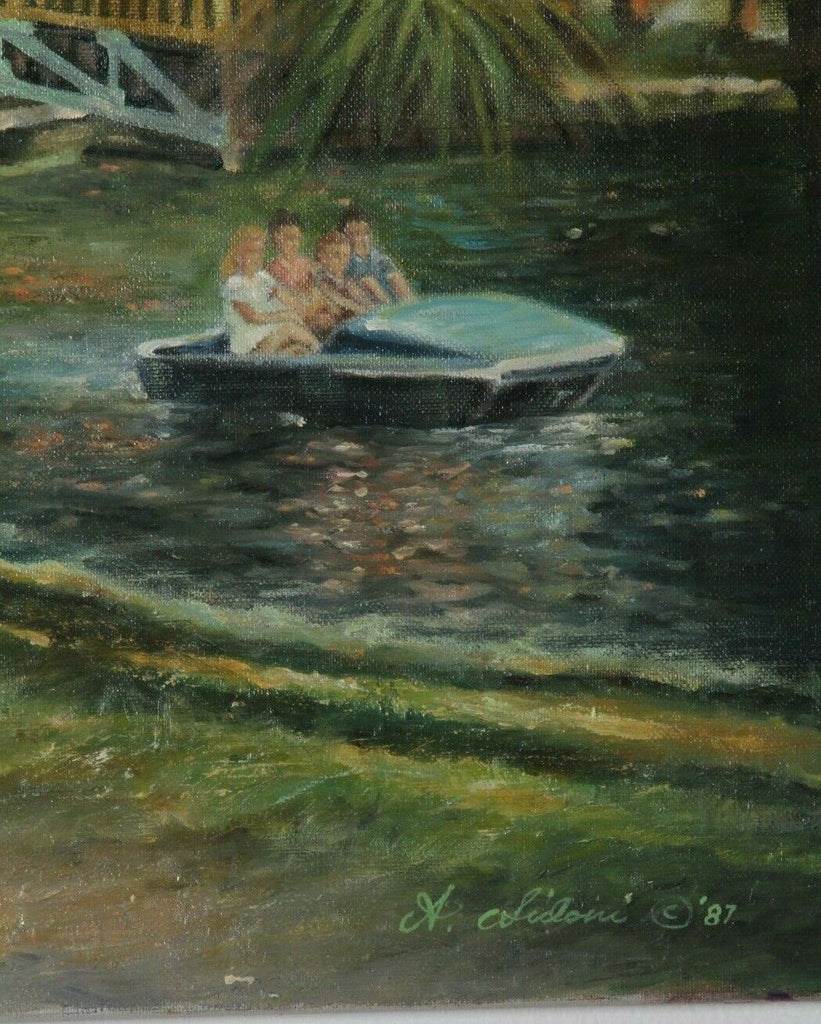 Recreation along the River (River w/ Palm Trees & Paddle Boat) By A. Sidoni Signed Oil on Canvas