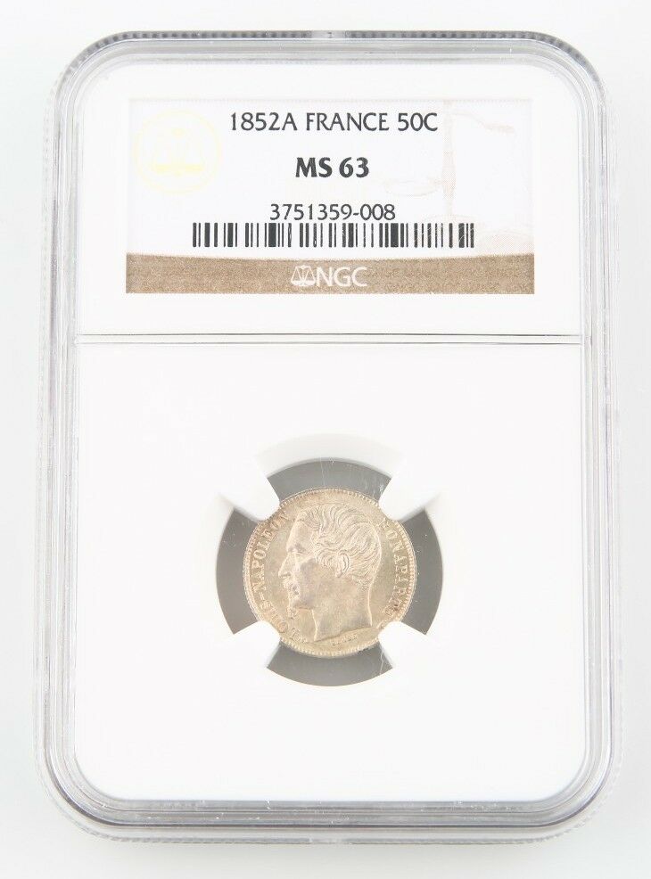 1852-A France 50 Centimes Silver Coin MS-63 NGC Paris 50c Cent KM-793