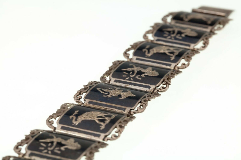 Vintage Thai Silver Siam Niello Enamel Panel Bracelet 6.50"