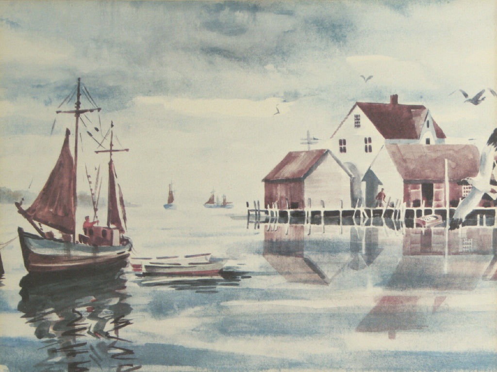 Untitled (Boats in Harbour) Framed and Matted Lithograph 11 1/2"x14"