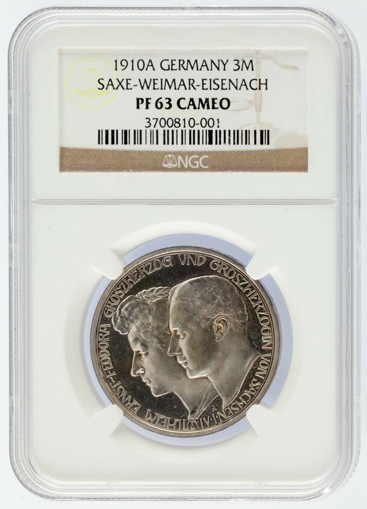 1910 A Germany 3 Mark 3M Saxe-Weimar-Eisenach Silver NGC Graded PF63 Cameo