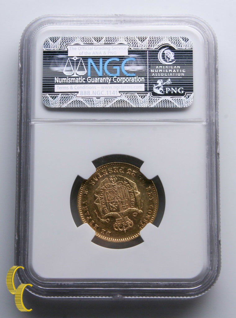 1877(77)-DEM Spain Gold 25 Pesetas Coin Graded by NGC as AU 55