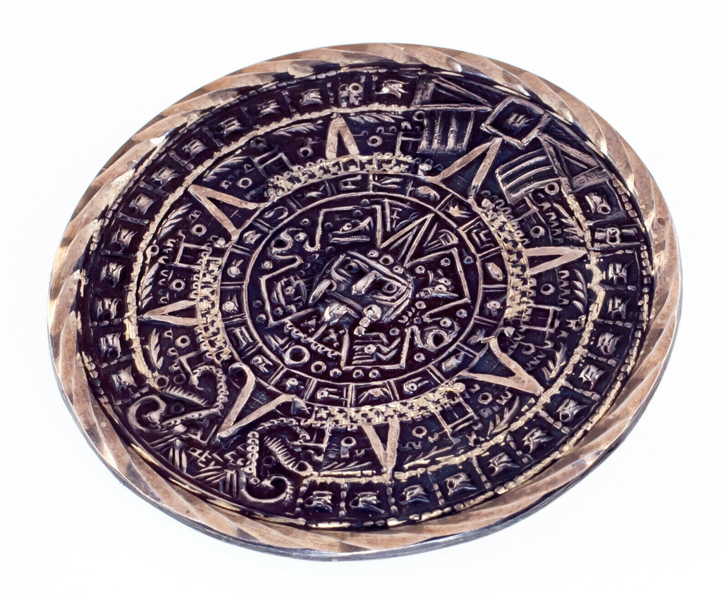 Sterling Silver Aztec Sun Calendar Brooch Signed EVB