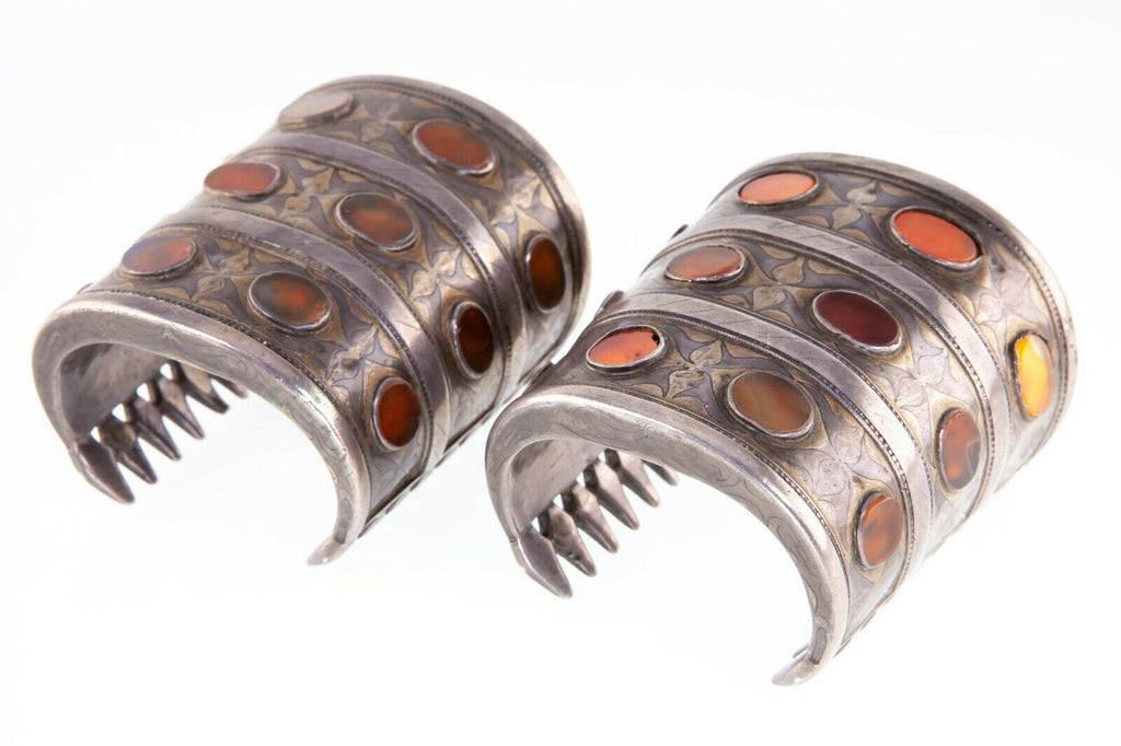 Antique Pair of Wide Turkmen Turkoman Carnelian Silver Cuff Bracelets