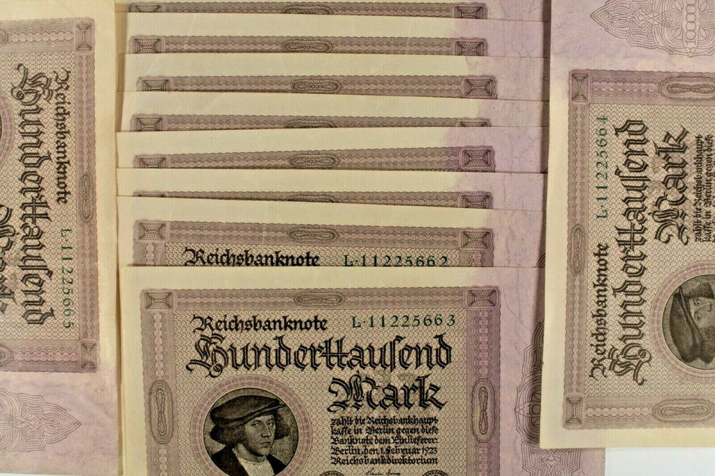 1923 Germany 100,000 Mark Notes / 11 (Eleven) Sequentially Numbered Bills Weimar