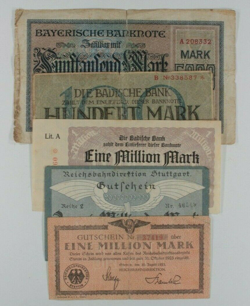 1918-1923 Germany 5-Notes Currency Set // Weimar Republic State Bank & Railroad