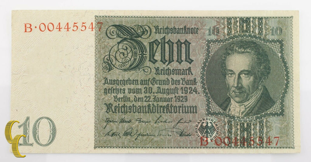 1929 Germany 10 Mark (AU) About Uncirculated Condition