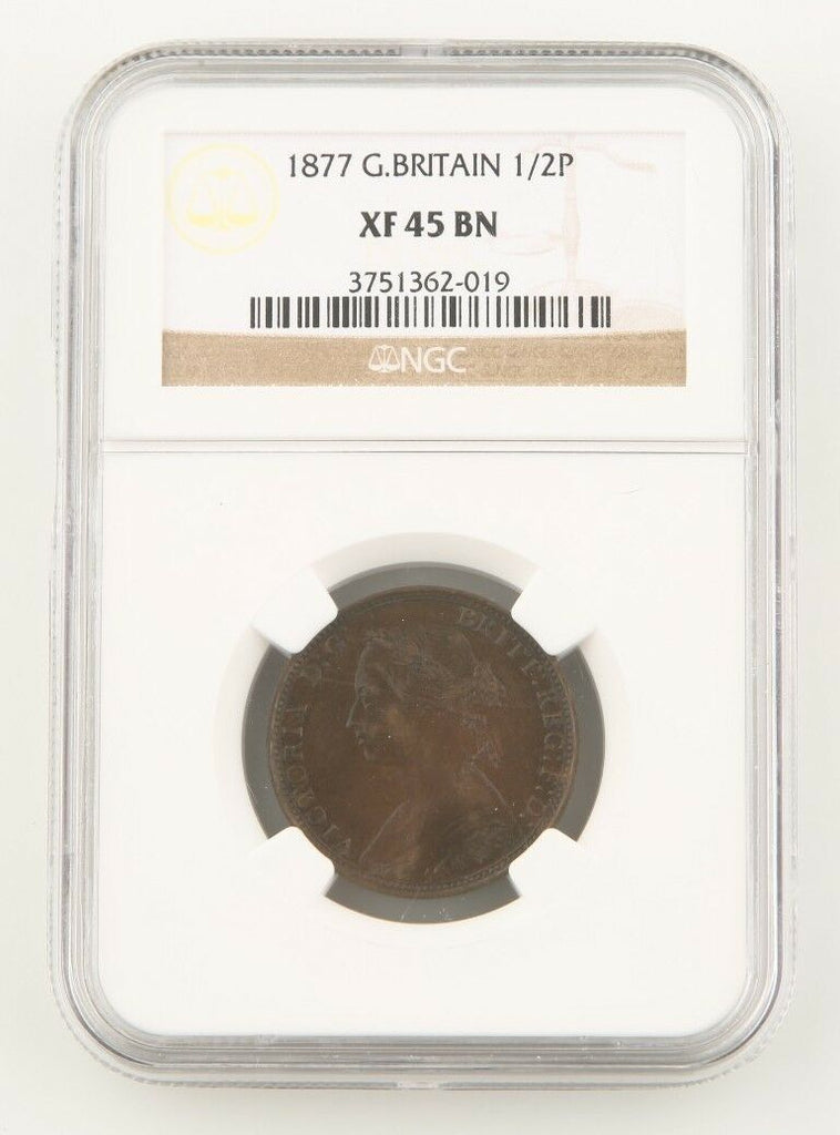 1877 Great Britain 1/2 Penny Bronze Coin XF-45 BN NGC Victoria Half Cent KM#754