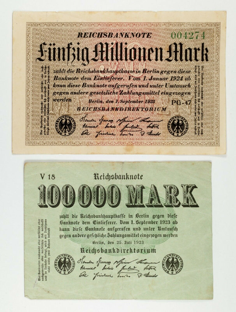 Lot of 6 Miscellaneous German Notes (1908 - 1923) 100 - 50 Million Mark Fine+