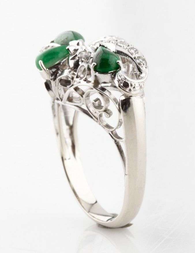 Cabochon Jadeite and Diamond 10k White Gold Cluster Ring Size 5.75