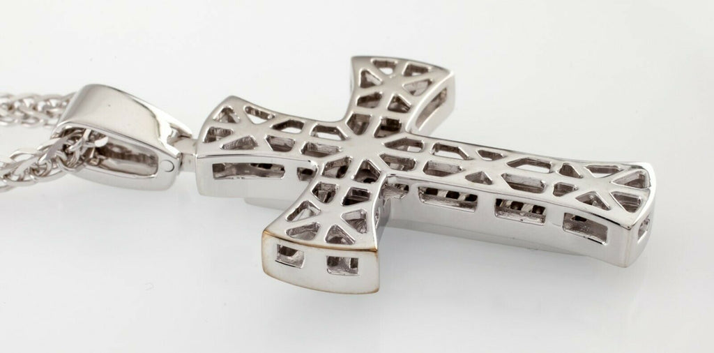 14k White Gold Diamond Cross w/ 24" Wheat Chain TDW = 1.30 ct