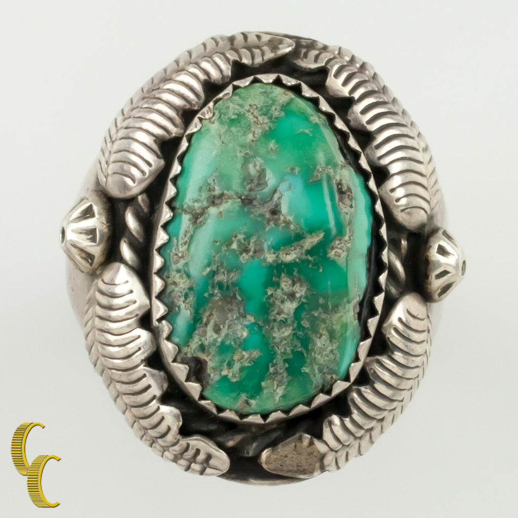 Silver Navajo Ring w/ Leaf Motif and Turquoise Center Size 10.75