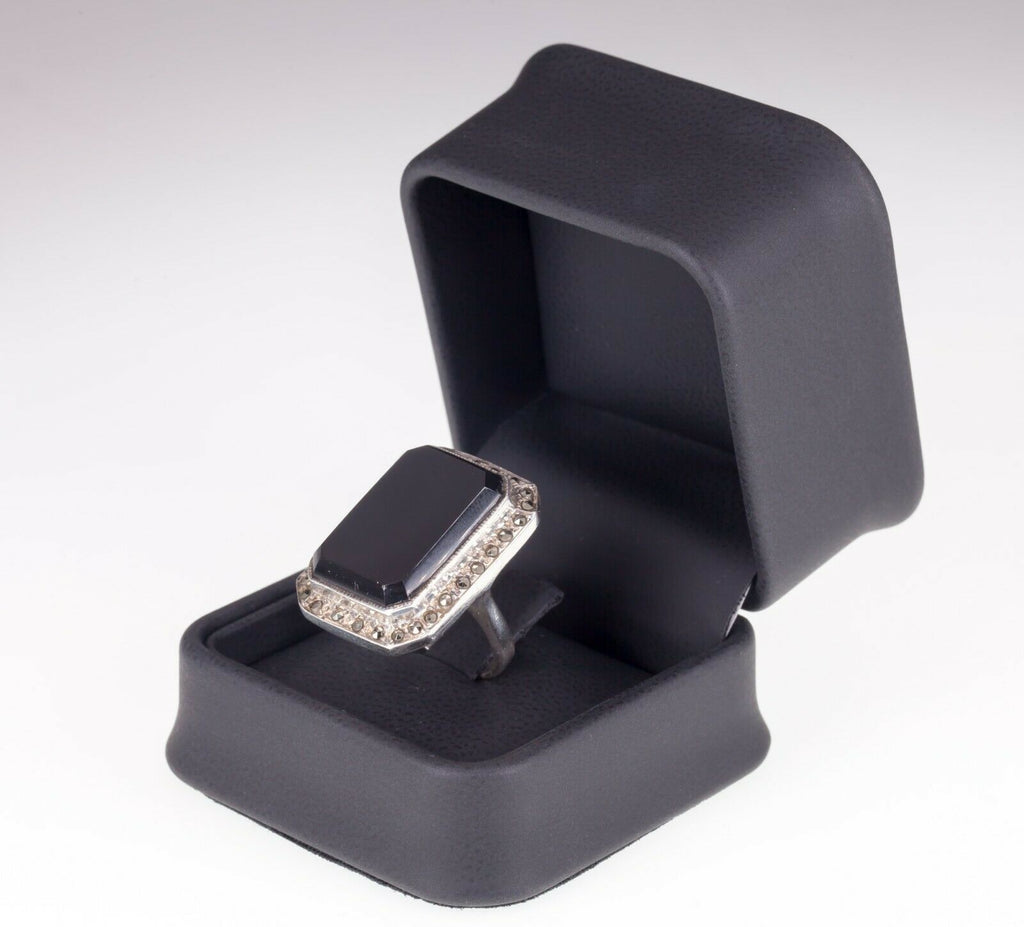 Rectangular Onyx and marcasite Sterling Silver Ring SZ 6