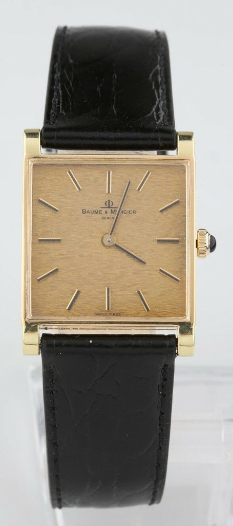 Vintage 18k Yellow Gold Baume & Mercier Hand-Winding Watch w/ Black Leather Band