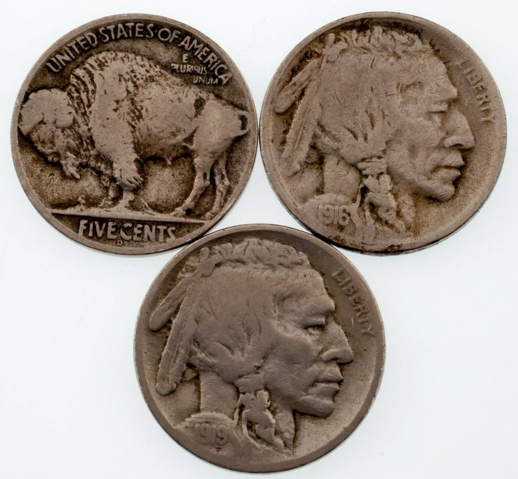 Lot of 3 Buffalo Nickels (1916-S, 1919-D and -S) in VG Condition, 4 Digit Date