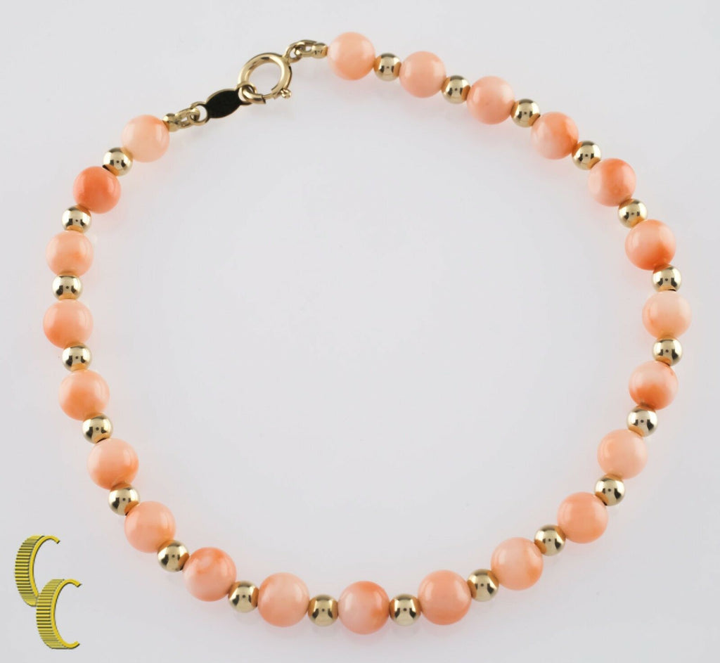 14k Yellow Gold Bead and Round Coral Bead Bracelet w/ Lobster Clasp 6.75" Long