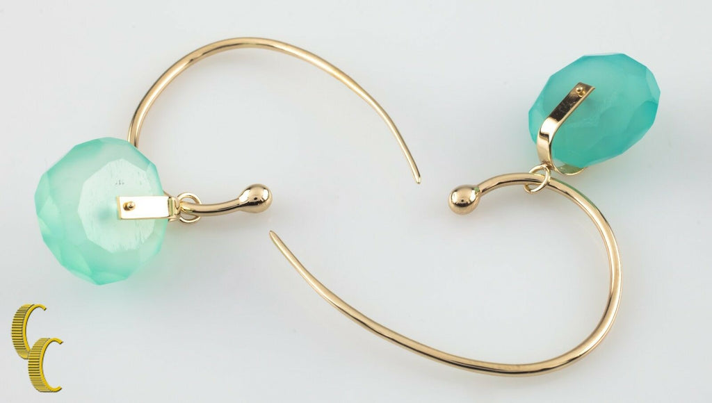 Unique Modernist Gold Tone Hook Earrings w/ Dangling Blue Quartz Wheels