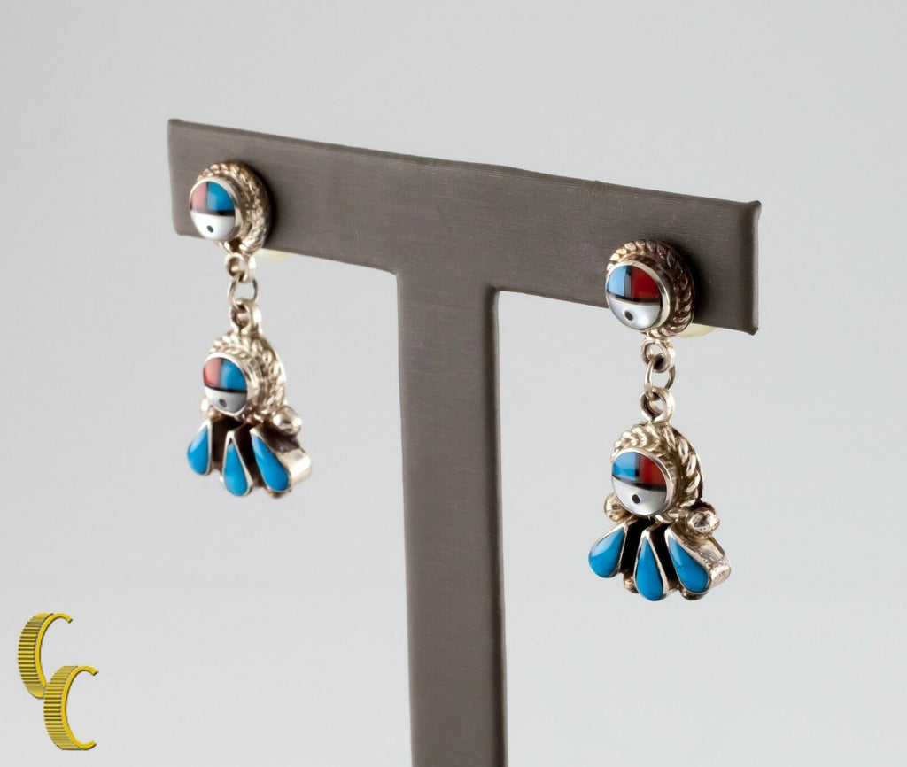 .925 Sterling Silver Coral & Turqouise Dangle Earrings
