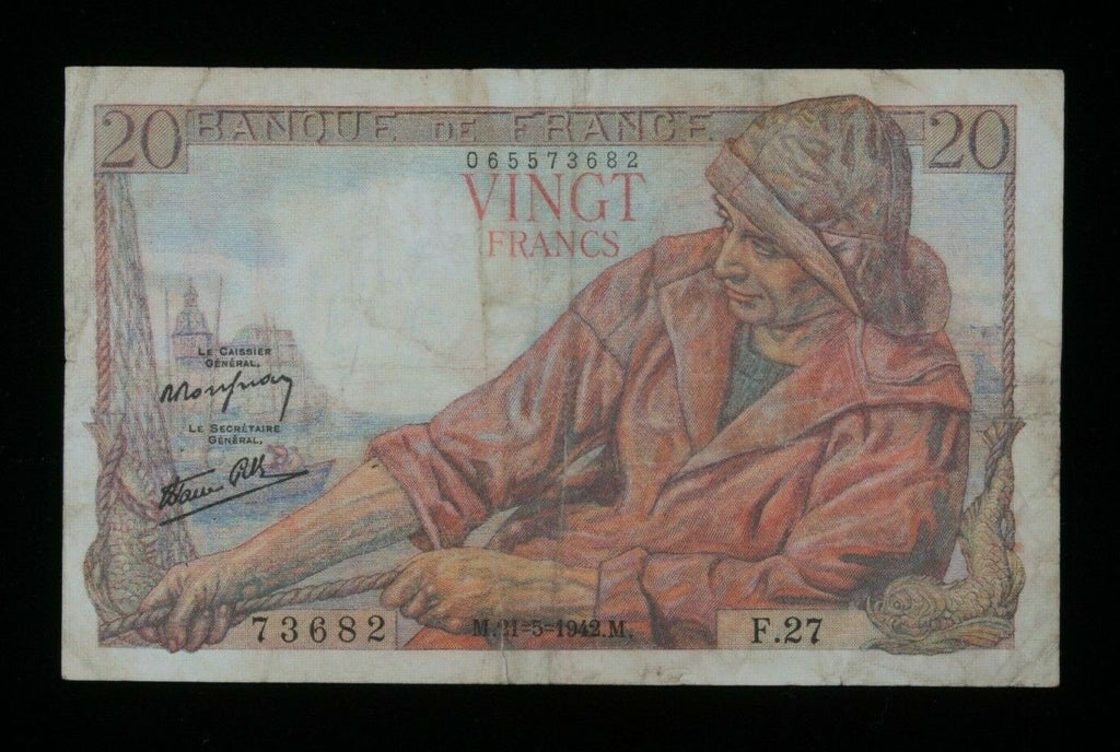 1942 France 20 Franc Note // Pecheur (Fisherman) // About Very Fine (aVF) P#100a