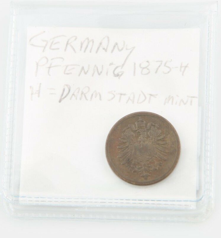 1875 German 1 Pfenning Minted in Darmstadt Better Date Very Fine KM# 1