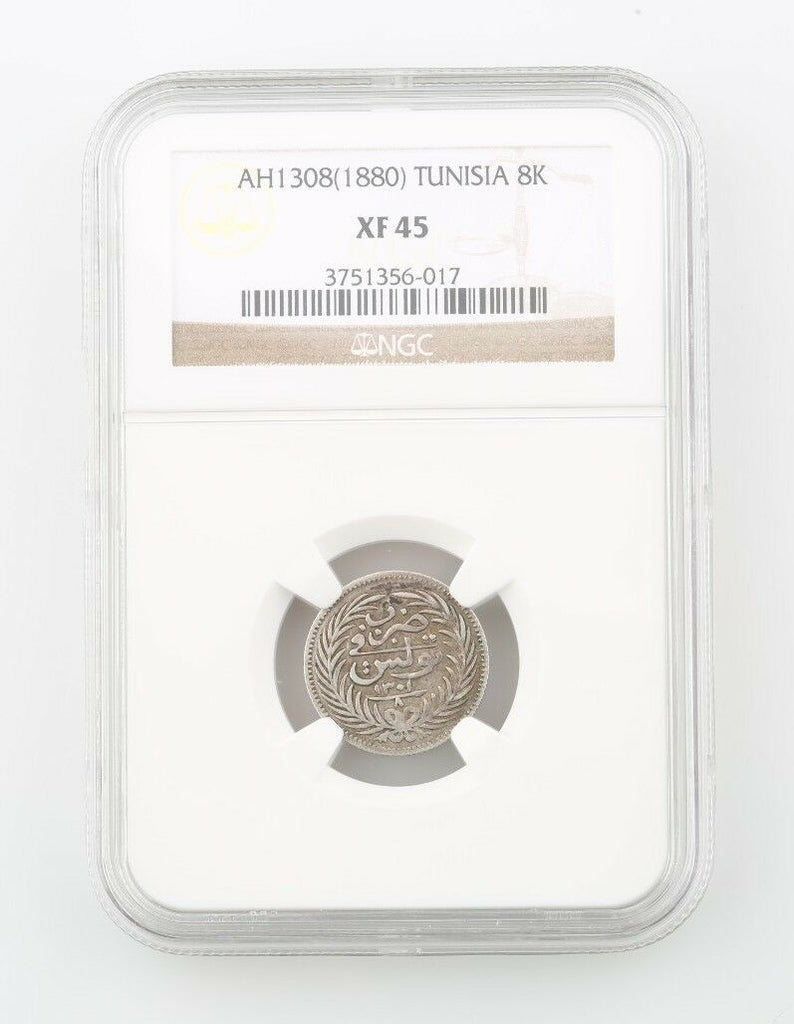 1880 Tunisia 8 Kharub Silver Coin Slabbed XF 45 NGC Extra Fine KM 181 AH 1308