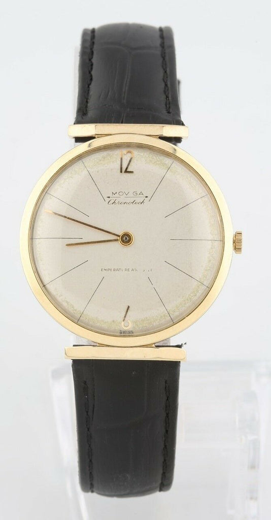 Vintage 14k Yellow Gold Men's Moviga Hand-Winding Watch w/ Leather Strap